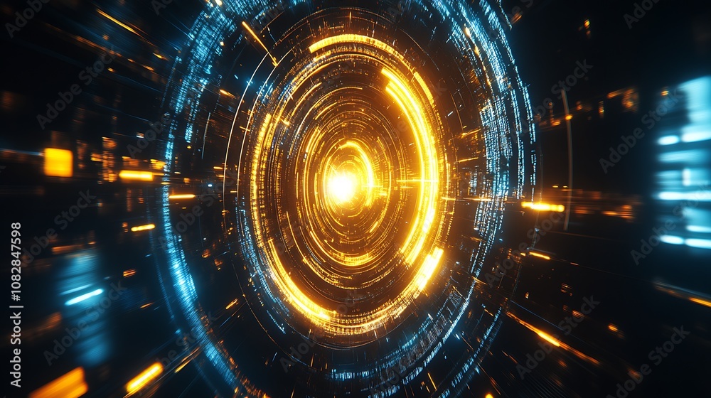 Poster abstract blue and gold light motion in high-tech digital vortex design : generative ai