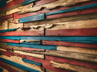 Rustic weathered wood in faded red blue and tan tones forms a textured multi-colored panel with visible grain for a classic barnwood appearance.