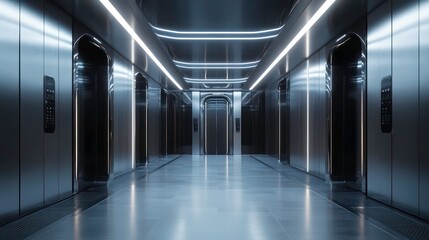 Fototapeta premium Futuristic elevator hallway with sleek metallic walls and glowing lights.