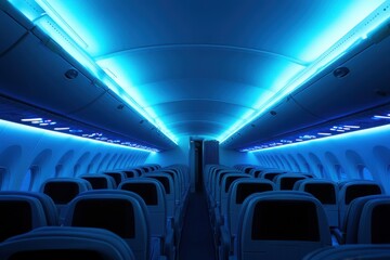 Empty airplane cabin with blue LED lighting, creating a modern and calming atmosphere for passengers.