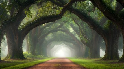 Naklejka premium Ancient Oak Tree Tunnel in a Misty Forest with Sunlight Filtering Through