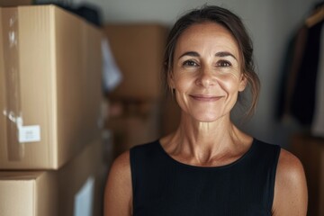 Portrait of a mature woman at home moving house with cardboard boxes in the background.
