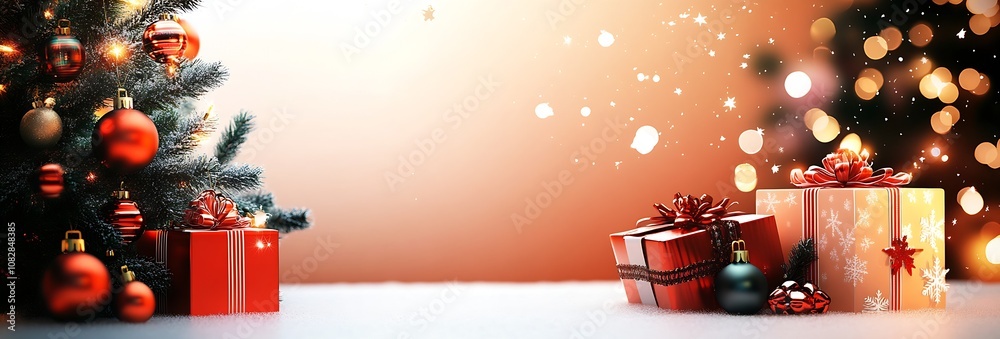 Poster festive christmas scene with decorated tree and wrapped presents in snowy setting : generative ai