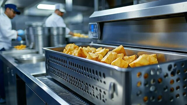 Working in the restaurant kitchen with a deep fryer