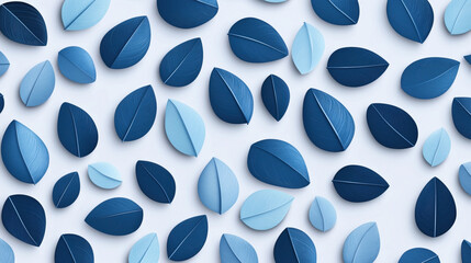 Abstract composition of layered blue leaves in various shades, arranged in a visually appealing repetitive pattern on a light background