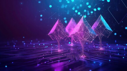 Future tech development concept with glowing neon trees on a circuit board background in a futuristic polygonal style. Modern illustration of the future of technology.