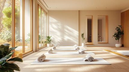 a bright and serene yoga studio with an abundance of natural light, yoga mats and towels arranged meticulously, offering a tranquil indoor setting and ample copy space. Serene. Illustration
