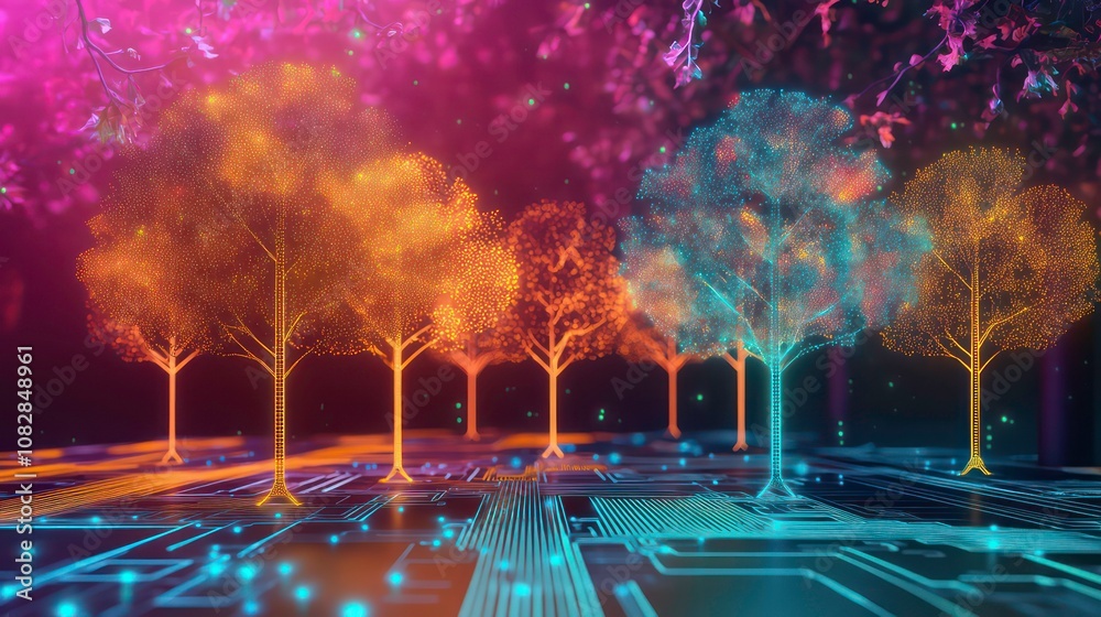 Canvas Prints future tech development concept with glowing neon trees on a circuit board background in a futuristi