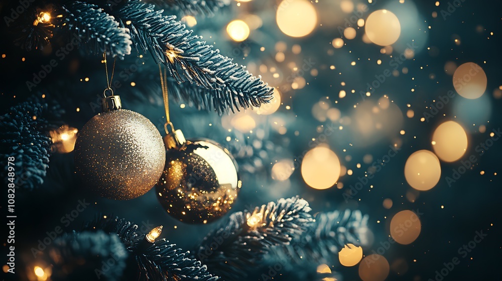 Poster enchanting christmas tree with gold ornaments amidst a magical bokeh light background : generative a