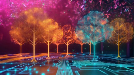 Future tech development concept with glowing neon trees on a circuit board background in a futuristic polygonal style. Modern illustration of the future of technology.
