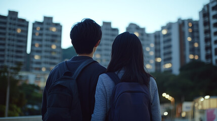 Obraz premium Two people with backpacks stand facing tall buildings under a dusky sky. Concept of urban exploration and modern lifestyle.