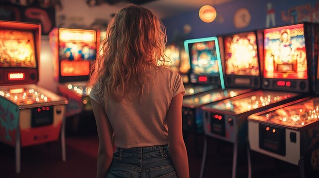 A woman stands in a retro arcade, looking at rows of pinball machines. - Powered by Adobe