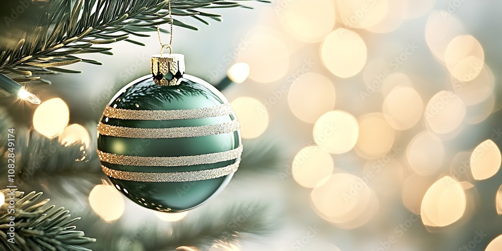 Poster sparkling green christmas ornament on pine tree with warm bokeh lights : generative ai