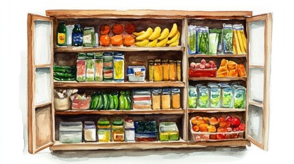 Obraz premium Organized pantry, watercolor painting of a well-stocked kitchen cabinet with fruits, vegetables, and various food items.