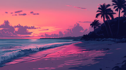 A serene beach with a vivid sunset, palm trees silhouetted against the sky, and gentle waves lapping at the shore. Serene. Illustration