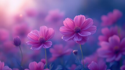 Fototapeta premium A serene field of pink flowers with soft lighting, evoking tranquility and beauty.