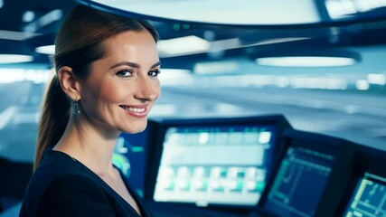 Smiling female air traffic controller in a high-tech control room surrounded by digital screens.