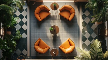Luxurious Lounge: An Aerial View of a Tranquil Interior Design