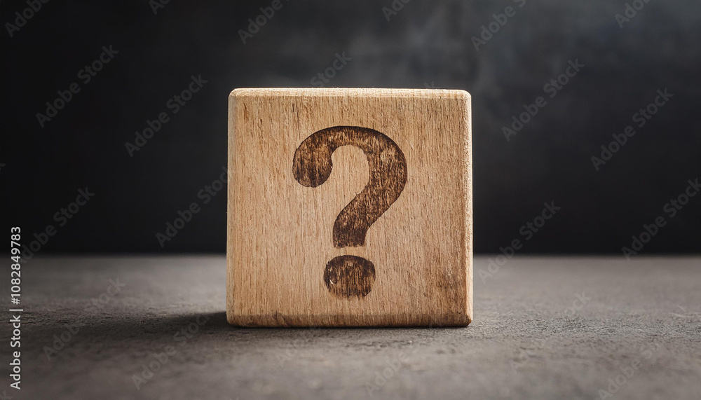 Poster wooden block with question mark. faq and qa. problem solution. wood cube. dark backdrop.