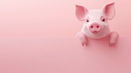 Fototapeta premium Funny pig hanging on a pink blank banner, cartoon cute pig peeking over blank pink banner on pink backgrounds, mock up, copy space.