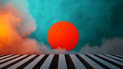 A surreal and abstract background with a large red circle hovering in front of a blue and orange cloudy sky. The red orb has a mysterious, almost otherworldly quality.