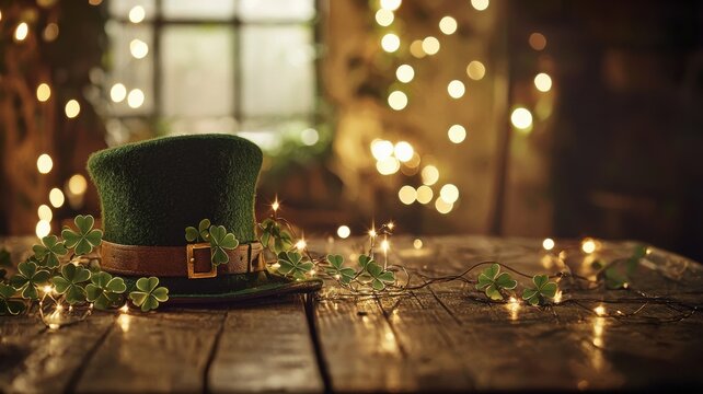 Leprechaun Hat with Clover Vines on Wooden Table
