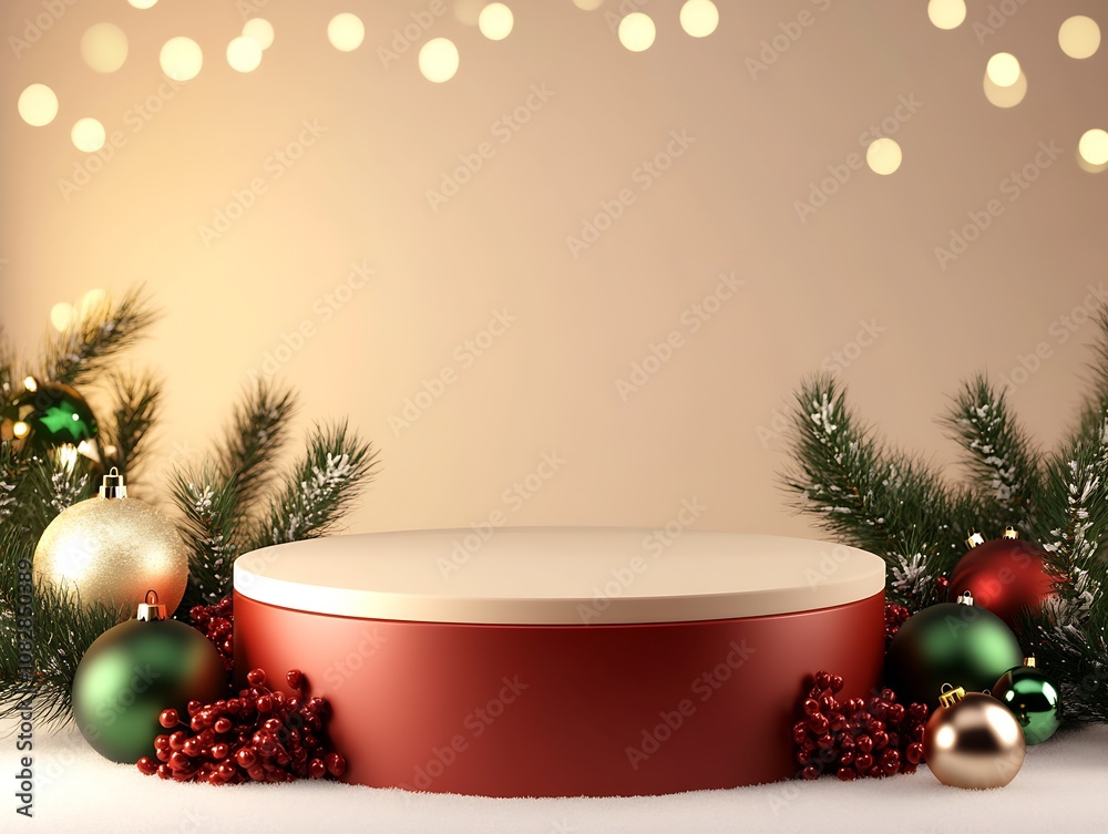 Poster christmas display platform with ornaments and fir branches for festive decorations : generative ai