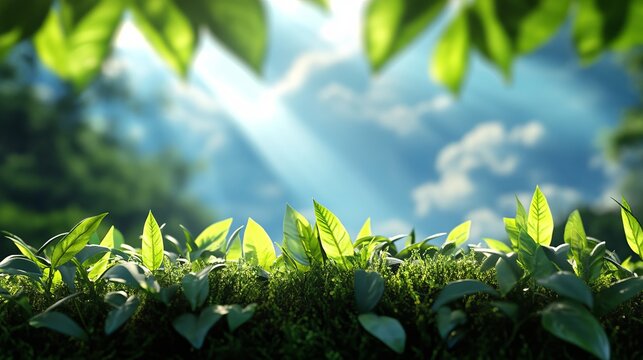 Green leaves with a sunny sky in the background, perfect for a nature-themed design.