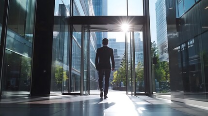 Fototapeta premium Confident businessman entering the lobby of a sleek office building.