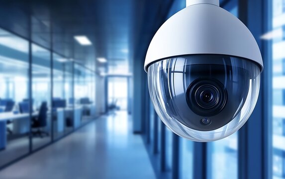 Sophisticated dome security camera overlooking modern open-plan office for surveillance : Generative AI