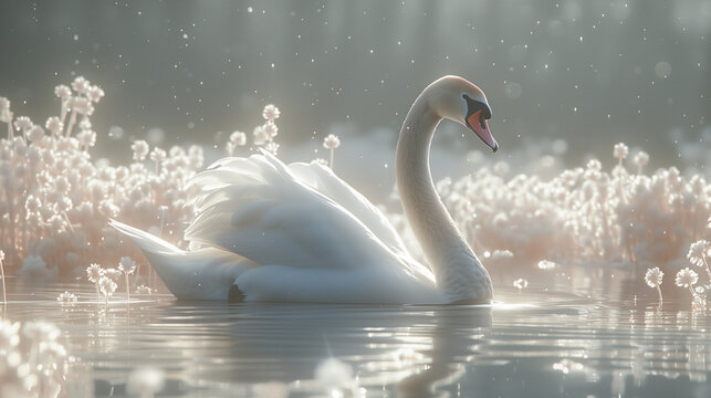 Elegant white swan gliding across calm water of the lake surrounded by white flowers.