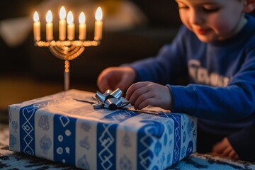 Child opening Hanukkah present near menorah lights