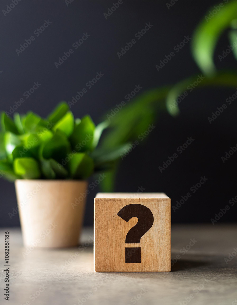 Poster wooden block with question mark, green plants on backdrop. faq and qa. problem solution.