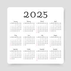 Calendar 2025 year. Calender template. Yearly diary with 12 month. Week starts Sunday. Planner organizer 2025 year. Simple square design. Scheduler layout in English. Vector illustration.