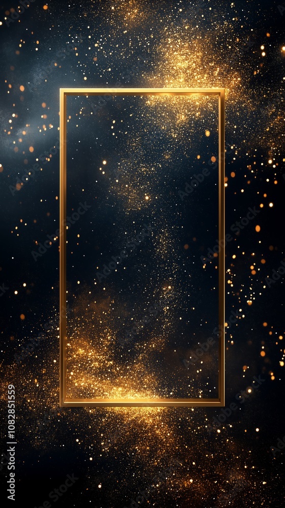 Wall mural large gold rectangular frame on the right side of an empty black background with glitter and sparkle