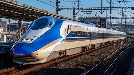 Fototapeta premium Modern Japanese Bullet Train in Motion at Railway Station