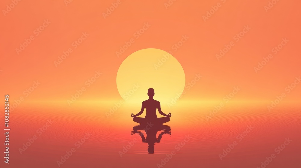 Poster a lone figure sits in a meditative pose against a stunning sunset, reflecting calmness and serenity 