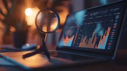 Financial charts and graphs under a magnifying glass with a laptop, symbolizing data analysis, business strategy, and financial research, ideal for business, finance, and analytics content