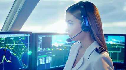Female air traffic controller wearing a headset, monitoring flight paths on multiple screens in a modern control tower
