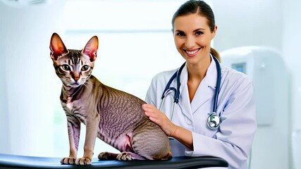 Smiling female veterinarian examining a Sphynx cat during a checkup in a bright clinic