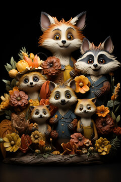 Charming family of fox and raccoon figurines surrounded by colorful flowers