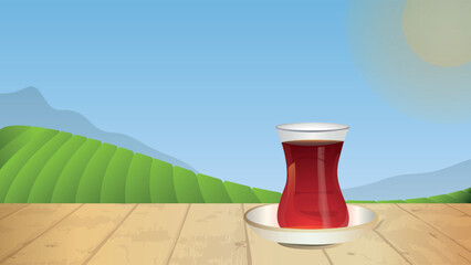 Traditional Turkish black tea on the wooden table, tea field and sunlight in the background. vector illustration. 