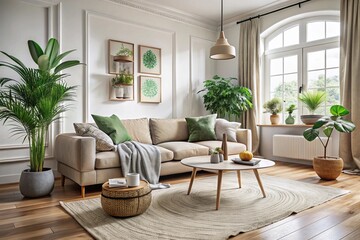 Fototapeta premium Scandinavian living room, cozy interior, natural light, large arched windows, white wooden walls, beige sofa, coffee table, potted plants, framed botanical prints, woven basket, wooden floor, neutral 