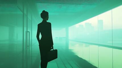Fototapeta premium A businesswoman holding a briefcase, her shadow blending into the futuristic structure of an office building.