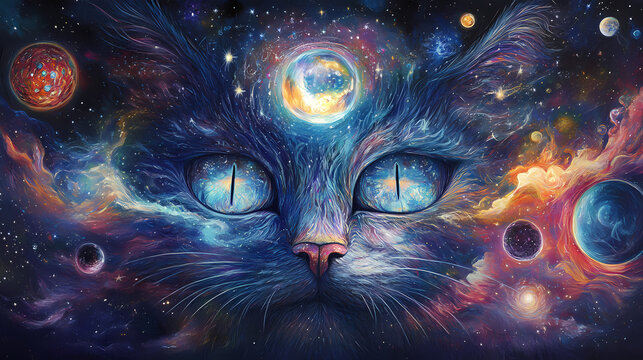 Nahaufnahme von einem katzenauge mit mystischen elementen aus sterne, neblua und planeten,. Mysticism. Illustration