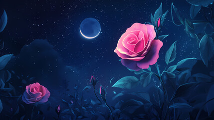 Rose flower night sky and moon light dramatic generative ai. Mysticism. Illustration