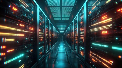 Obraz premium Futuristic Data Center Corridor with Glowing Server Rows and Dynamic Lights