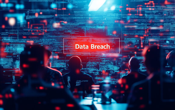 A group of people observes a digital display highlighting a significant data breach, surrounded by flowing data streams representing cyber threats.