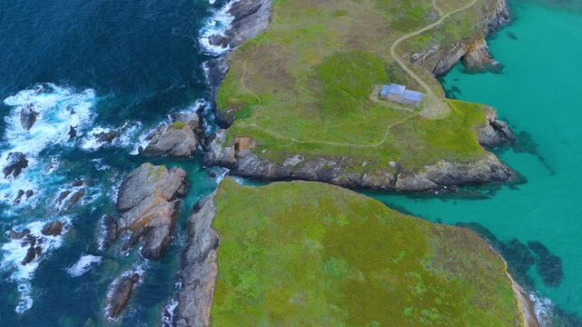 Aerial view from a drone of the coastal area, beaches and sea of ​​the Hermitage of Santa Comba in the parish of Covas. Ferrol. Province of La Coru&ntilde;a. Galicia. Spain. Europe