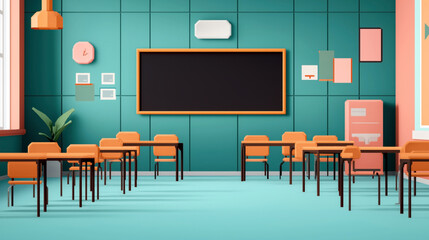 Modern classroom interior with orange desks and chairs, teal walls, blackboard, and wall decorations in vibrant colors
